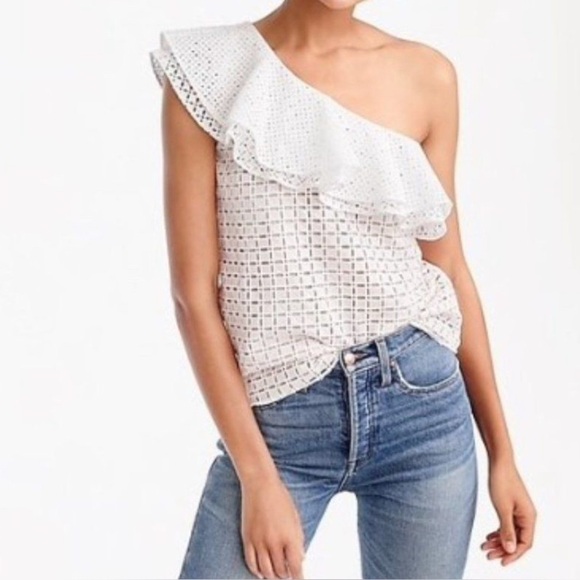J. Crew One Shoulder Ruffle Eyelet White Statement Blouse Top SZ 12 - Picture 1 of 11
